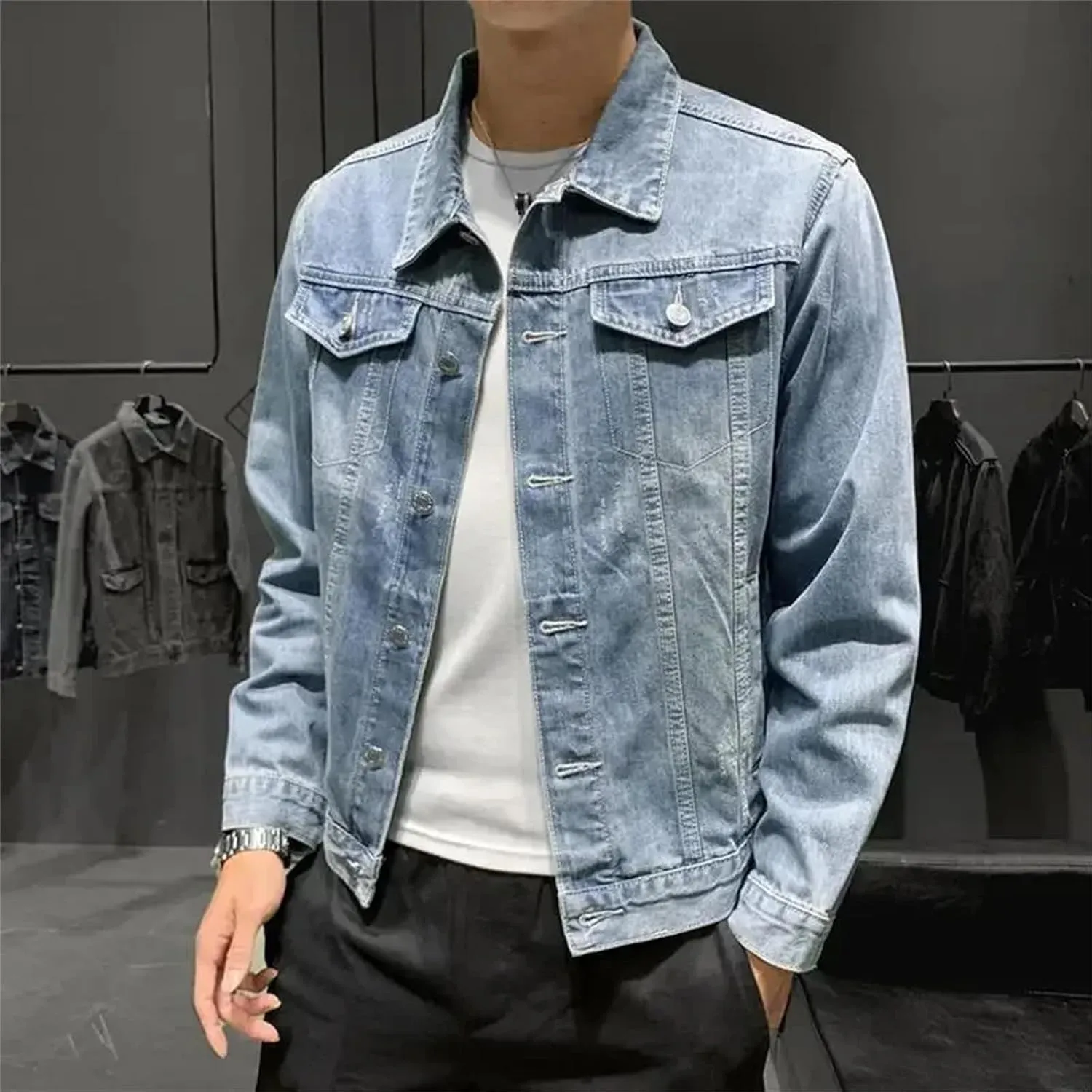 Men's Denim Jeans Coat - Spring Fall Button Cowboy Plus Size Trucker Slim Fit Casual Outerwear