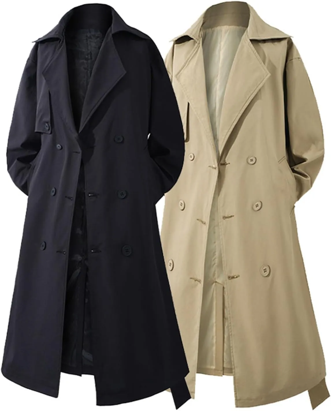 Men'S Double Breasted Trench Coat Length Thickened Woolen Plaid Double Breasted Coat Solid Color Slim Men Coat