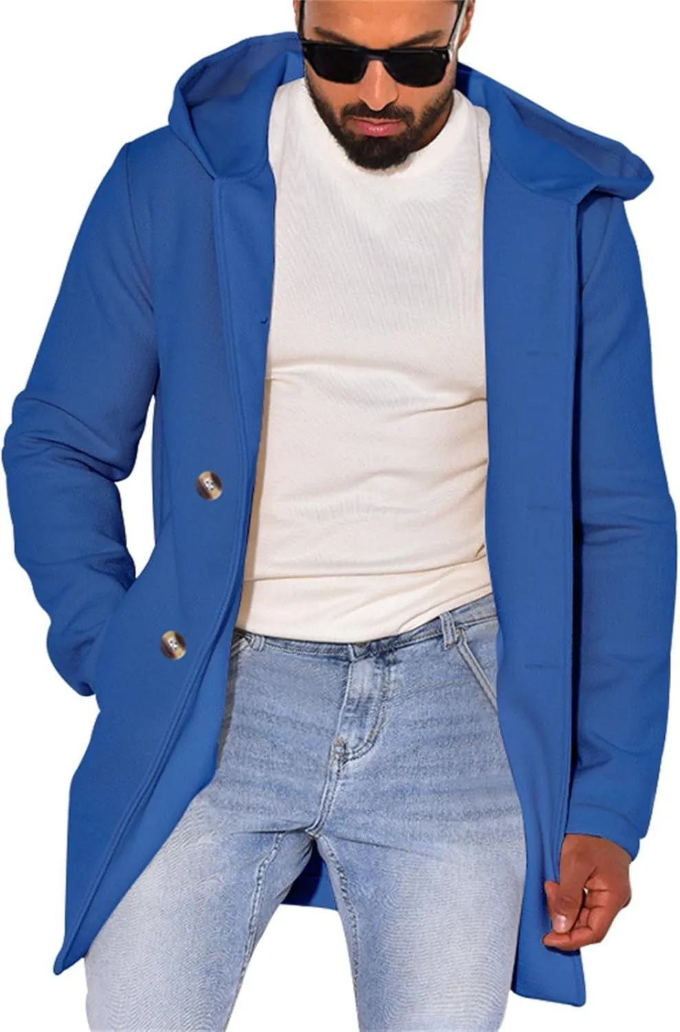Men's Double Breasted Trench Coat Winter Warm Solid Color Pockets Hooded Coat Men'S Men's Double Breasted Trench