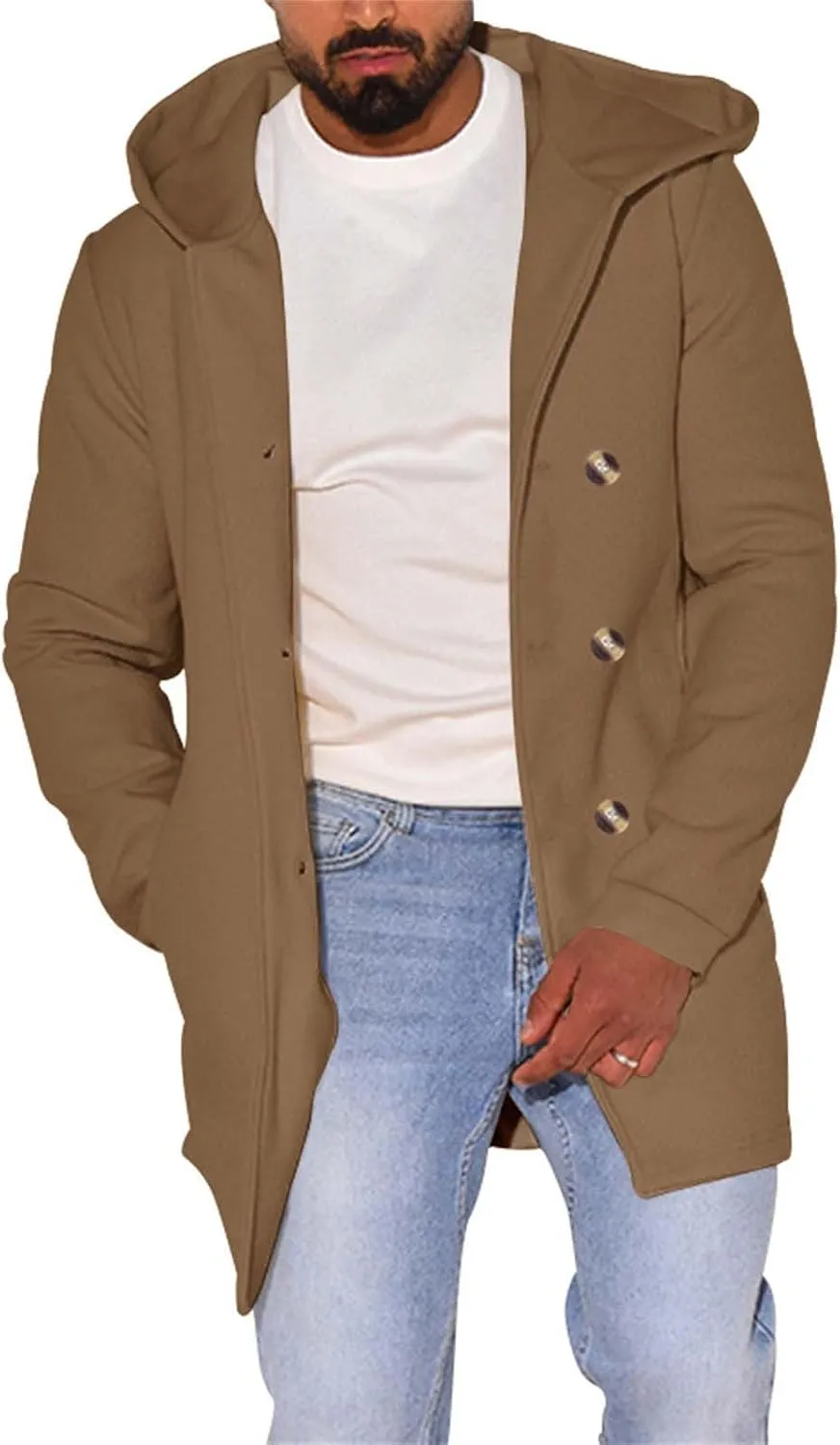 Men's Double Breasted Trench Coat Winter Warm Solid Color Pockets Hooded Coat Men'S Men's Double Breasted Trench