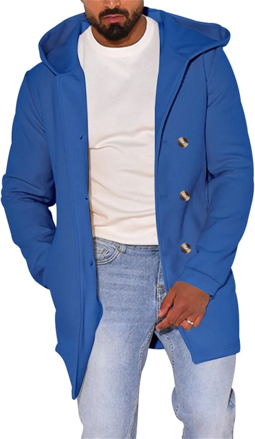 Men's Double Breasted Trench Coat Winter Warm Solid Color Pockets Hooded Coat Men'S Men's Double Breasted Trench