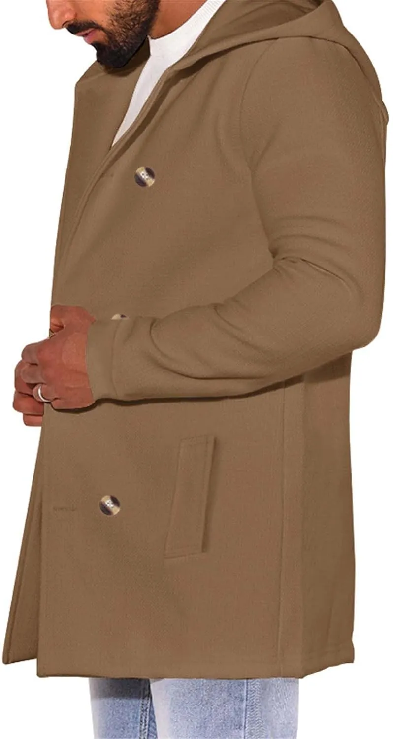 Men's Double Breasted Trench Coat Winter Warm Solid Color Pockets Hooded Coat Men'S Men's Double Breasted Trench
