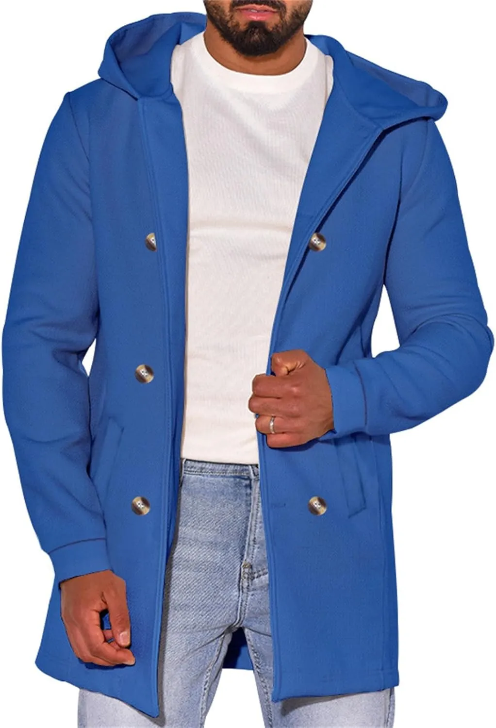 Men's Double Breasted Trench Coat Winter Warm Solid Color Pockets Hooded Coat Men'S Men's Double Breasted Trench