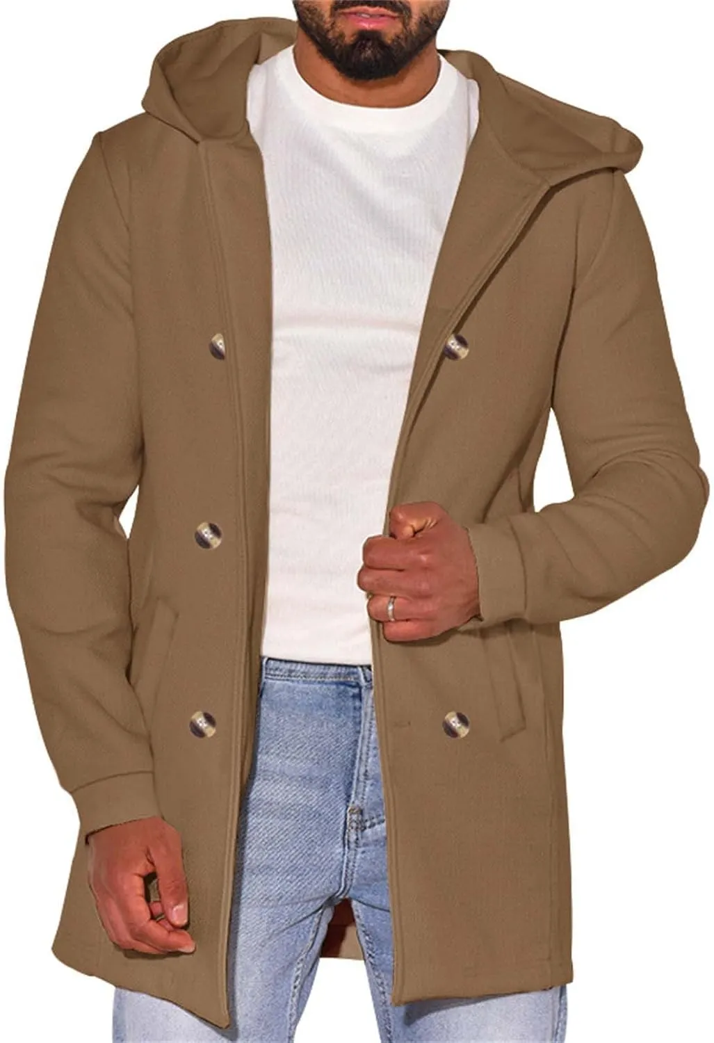 Men's Double Breasted Trench Coat Winter Warm Solid Color Pockets Hooded Coat Men'S Men's Double Breasted Trench