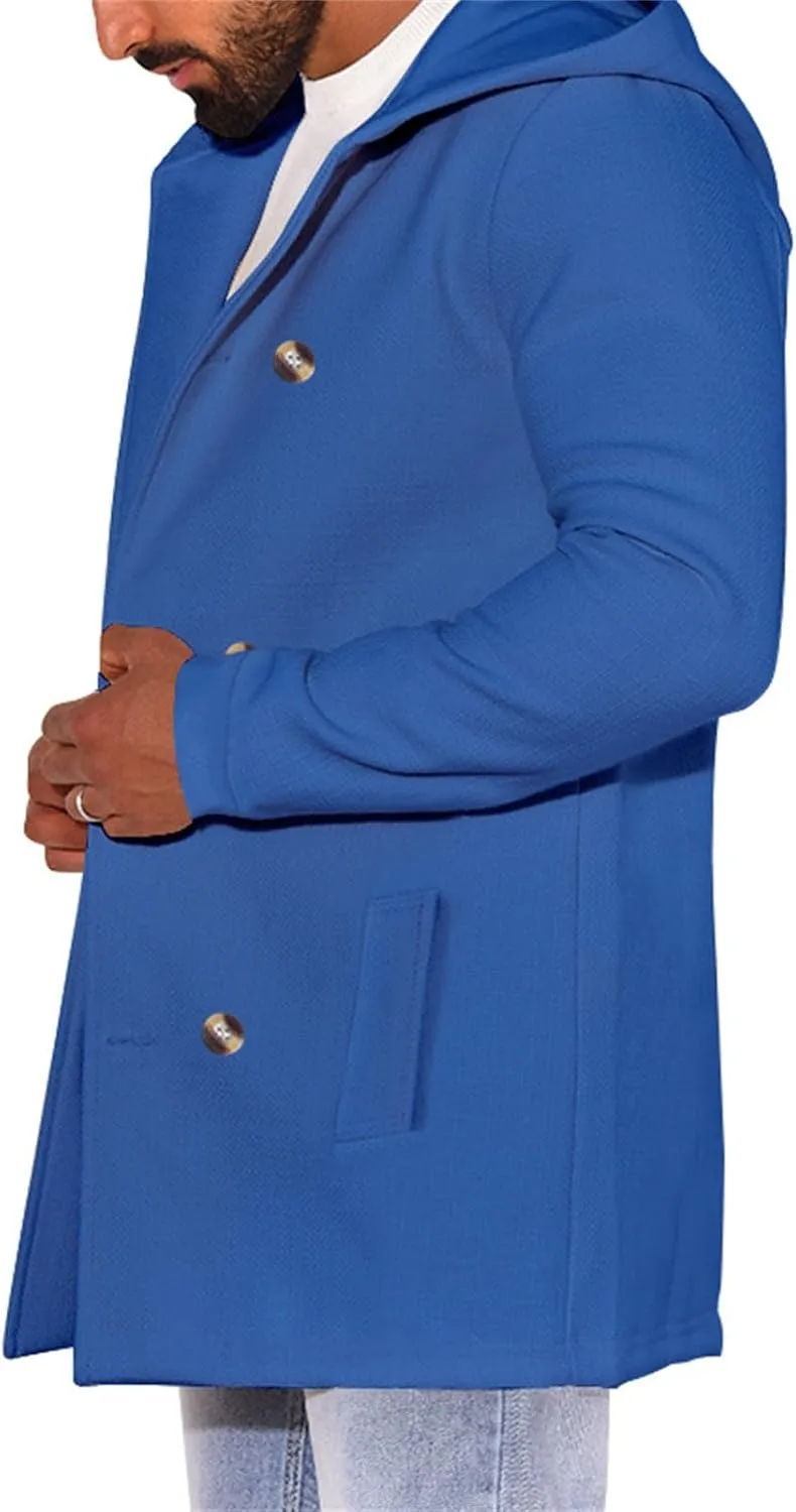 Men's Double Breasted Trench Coat Winter Warm Solid Color Pockets Hooded Coat Men'S Men's Double Breasted Trench