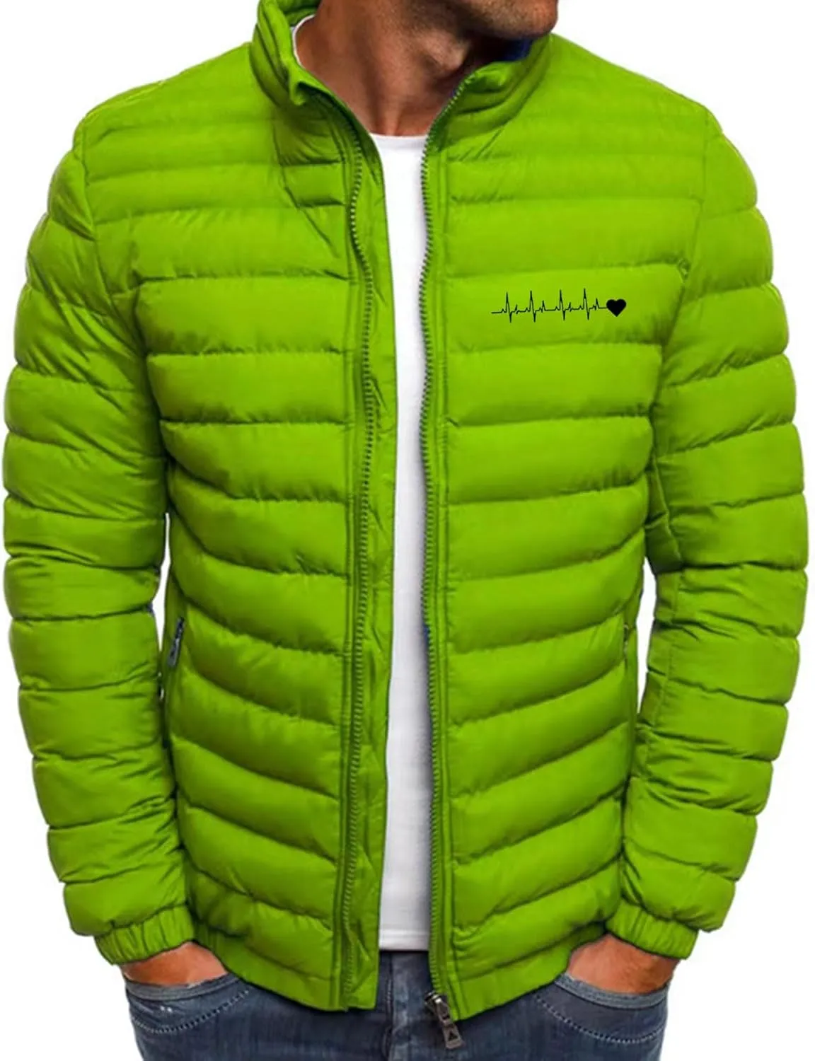 Men's Down Puffer Jacket ECG Love Printed Winter Warm Coats Packable Waterproof Outerwear