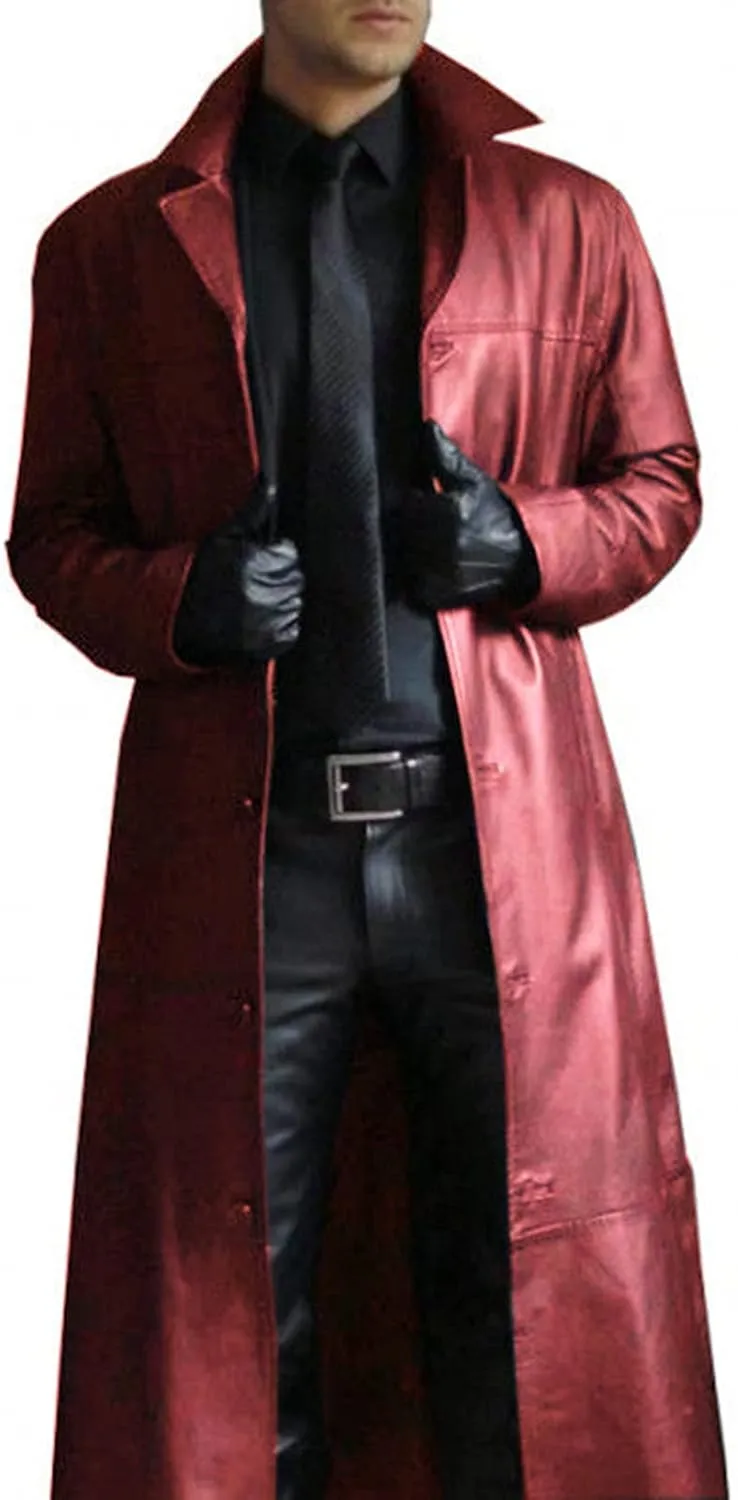 Mens Faux Leather Trench Coat Retro Long Sleeve Button Lapel WW2 Officer Military Uniform Long Motorcycle Overcoat