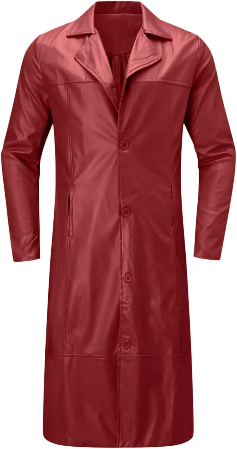 Mens Faux Leather Trench Coat Retro Long Sleeve Button Lapel WW2 Officer Military Uniform Long Motorcycle Overcoat