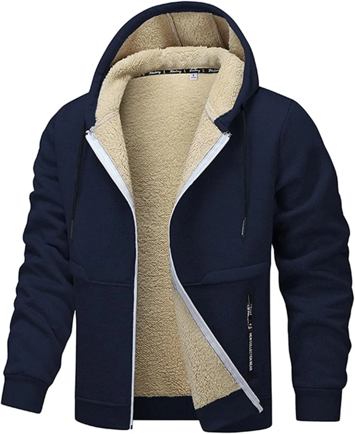 Mens Fleece Fur Lined Thick Cardigan Hoodie Warm Casual Outerwear Full Zip Up Long Sleeve Elastic Cuffs with Zipper Pockets