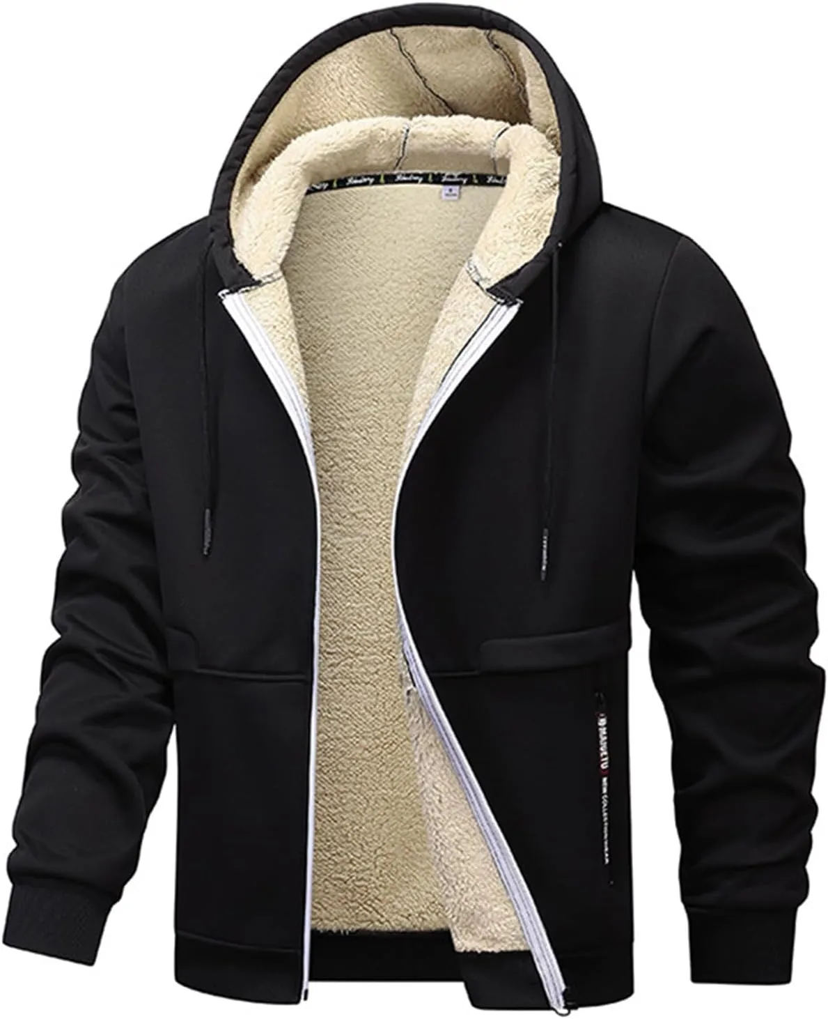 Mens Fleece Fur Lined Thick Cardigan Hoodie Warm Casual Outerwear Full Zip Up Long Sleeve Elastic Cuffs with Zipper Pockets