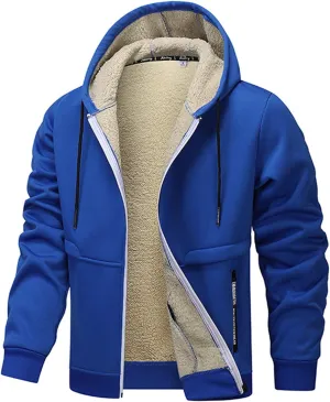 Mens Fleece Fur Lined Thick Cardigan Hoodie Warm Casual Outerwear Full Zip Up Long Sleeve Elastic Cuffs with Zipper Pockets