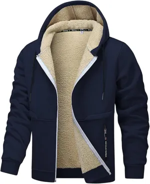 Mens Fleece Fur Lined Thick Cardigan Hoodie Warm Casual Outerwear Full Zip Up Long Sleeve Elastic Cuffs with Zipper Pockets