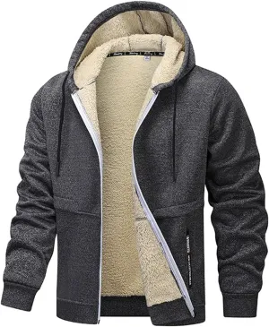 Mens Fleece Fur Lined Thick Cardigan Hoodie Warm Casual Outerwear Full Zip Up Long Sleeve Elastic Cuffs with Zipper Pockets