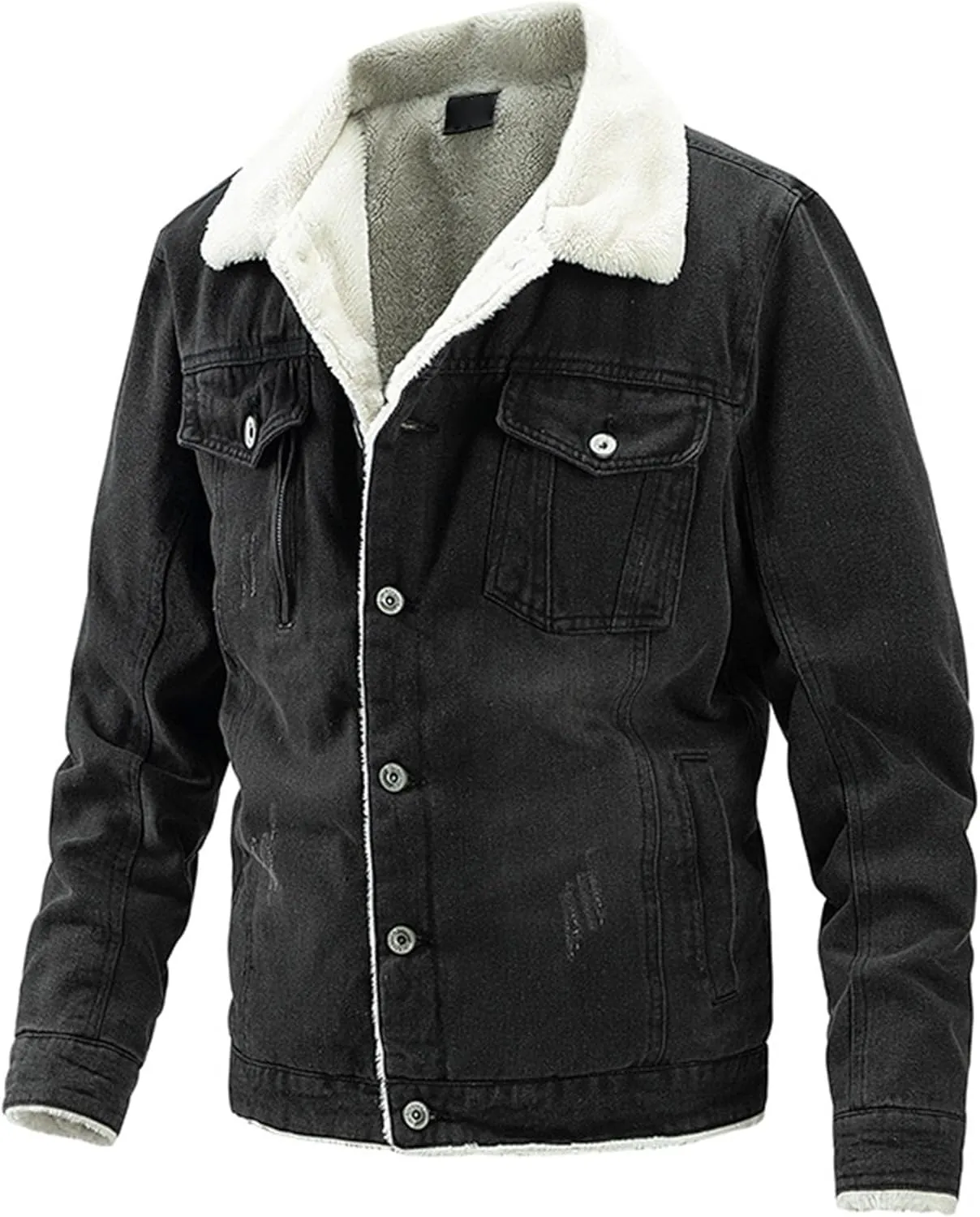Men's Fleece Lined Denim Jacket Lapel Single-Breasted Fit Denim Coat Winter Trucker Cowboy Jean Jacket