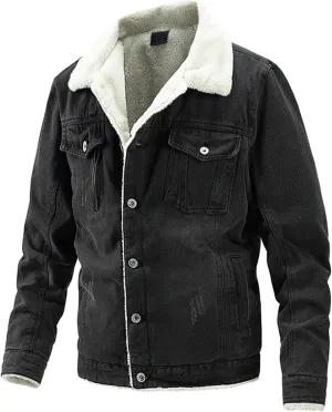 Men's Fleece Lined Denim Jacket Lapel Single-Breasted Fit Denim Coat Winter Trucker Cowboy Jean Jacket