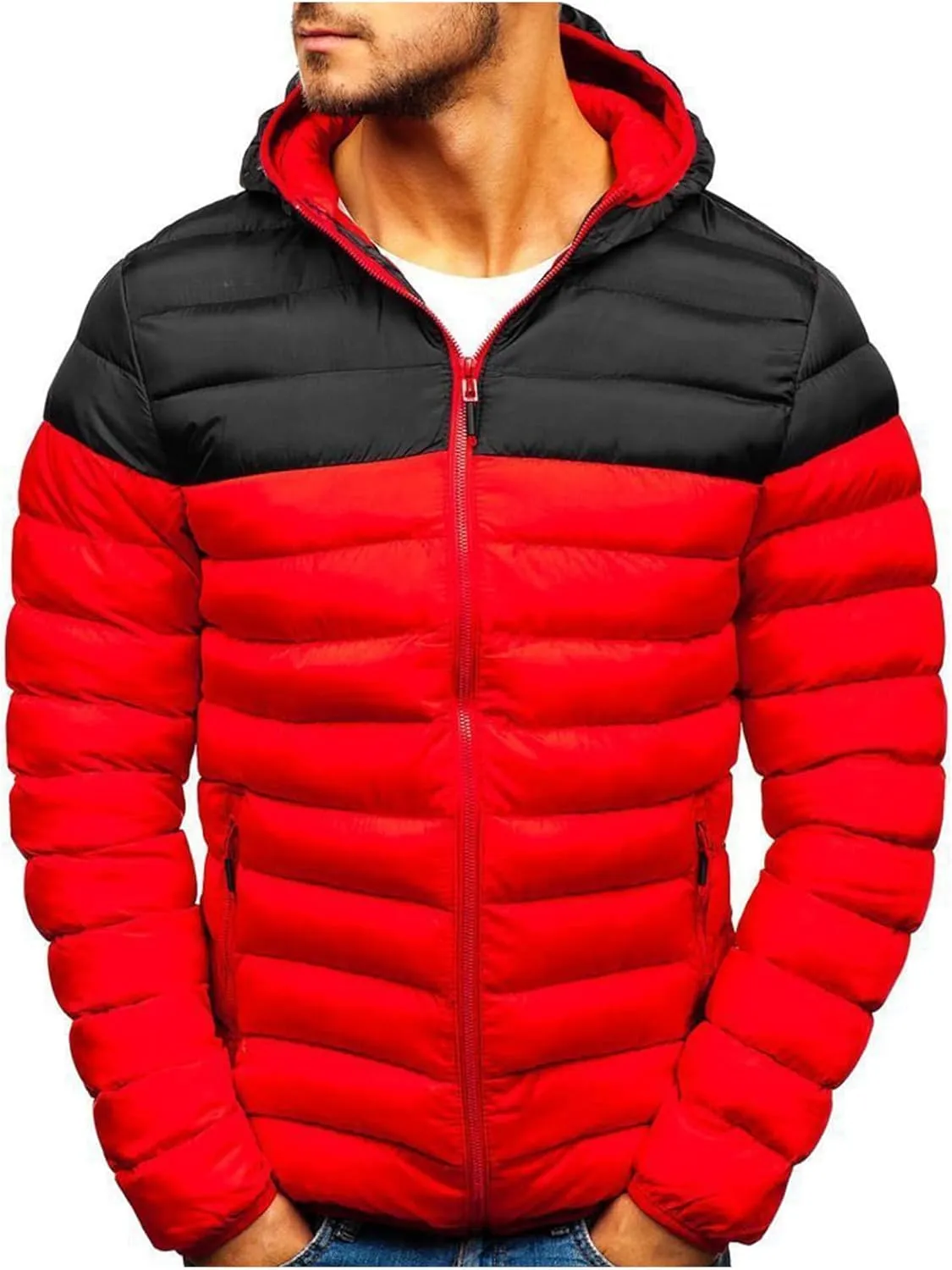 Mens Hooded Down Jacket Thick Winter Puffer Coat Zip Up Lightweight Jacket Quilted Fleece Coat Cozy Casual Outerwear