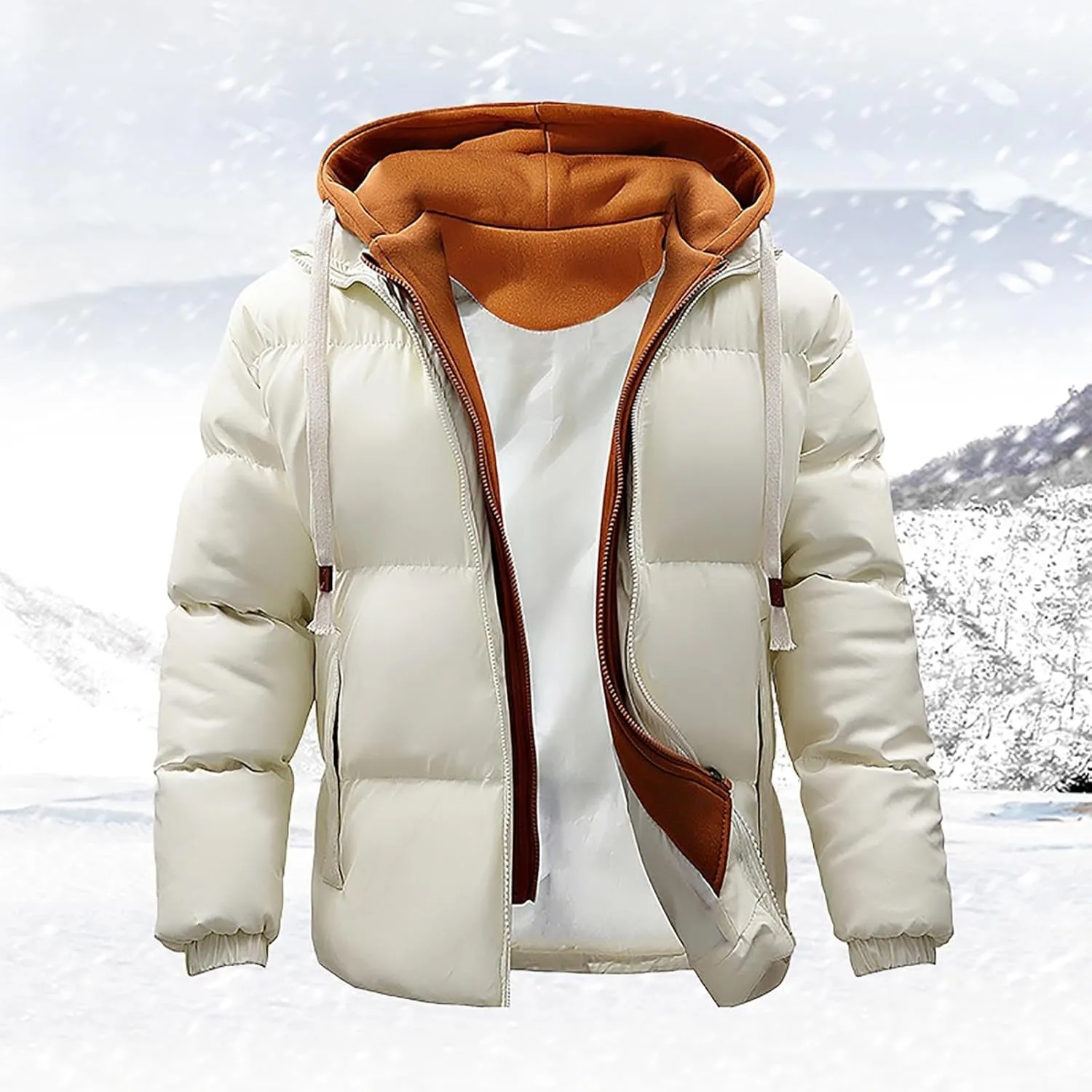 Men's Hooded Puffer Jacket Winter Warm Color Block Down Coat with Hood