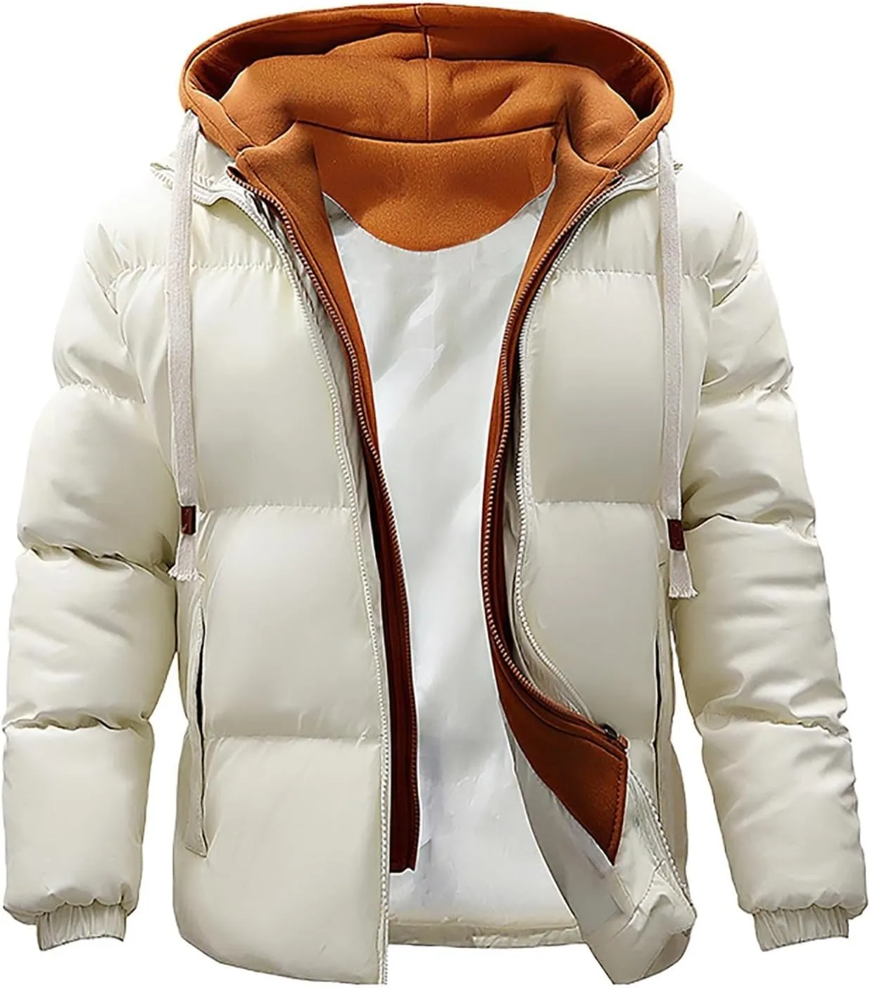 Men's Hooded Puffer Jacket Winter Warm Color Block Down Coat with Hood