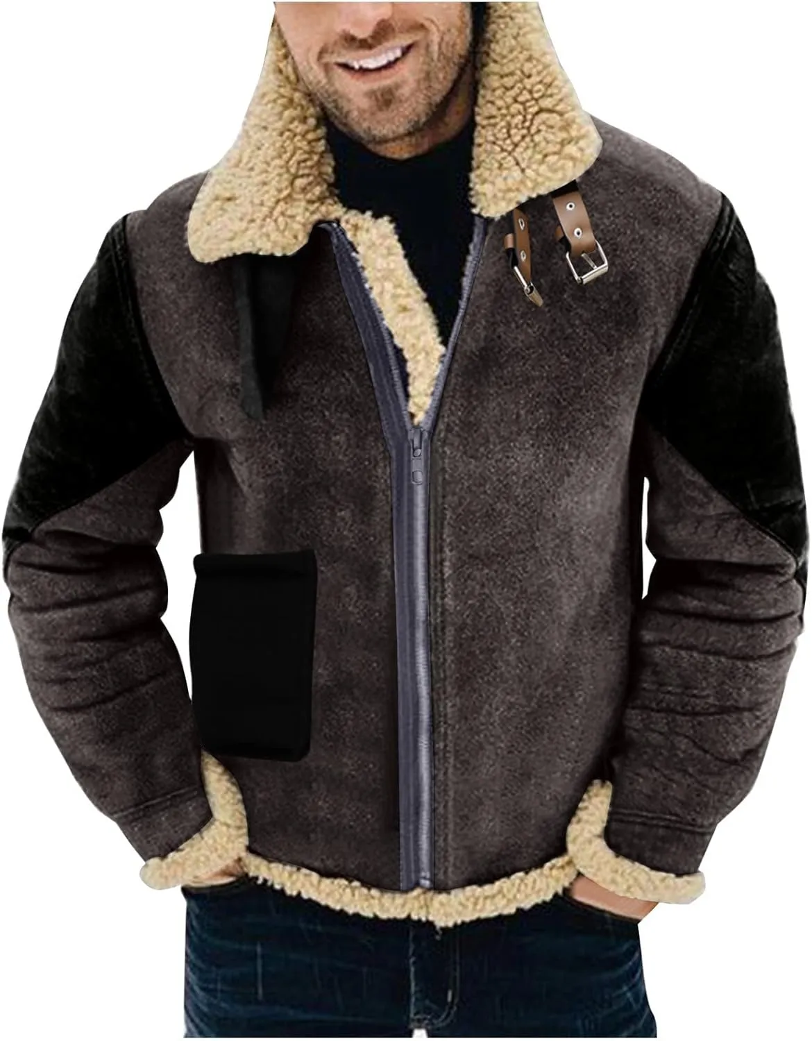 Men's Lamb Wool Bomber Coat Faux Leather Sherpa Fleece Lined Jackets Full Zip Heavyweight Suede Faux Fur Trench Coat