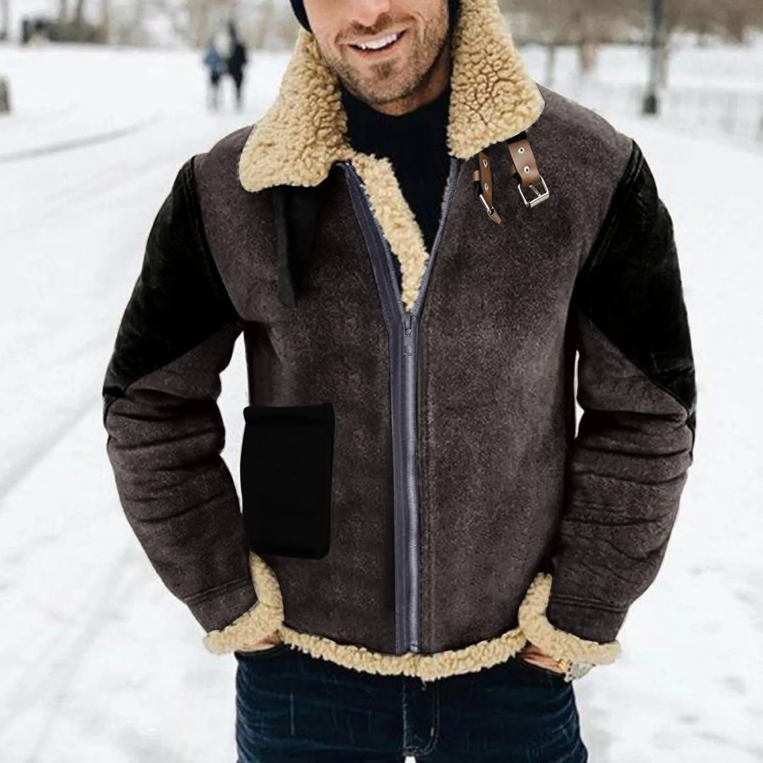 Men's Lamb Wool Bomber Coat Faux Leather Sherpa Fleece Lined Jackets Full Zip Heavyweight Suede Faux Fur Trench Coat