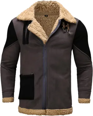 Men's Lamb Wool Bomber Coat Faux Leather Sherpa Fleece Lined Jackets Full Zip Heavyweight Suede Faux Fur Trench Coat