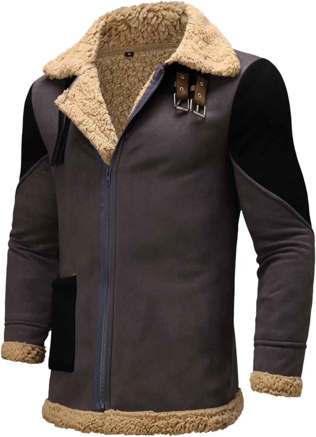 Men's Lamb Wool Bomber Coat Faux Leather Sherpa Fleece Lined Jackets Full Zip Heavyweight Suede Faux Fur Trench Coat
