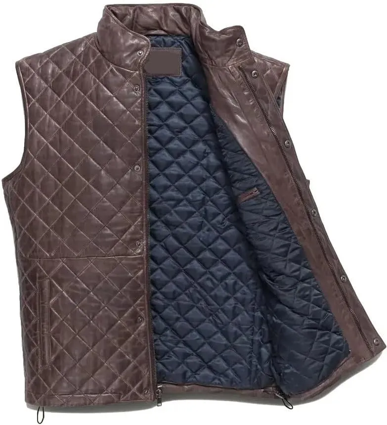 Mens Lamsbkin Leather Vest, Quilted Leather Vest Men, Lambskin Leather Quilted vest, Diamond Quilted Leather Vest Men