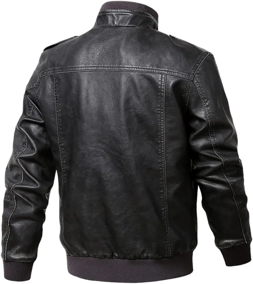 Mens Leather Motorcycle Leather Jackets Coats Stand Collar Multi-Pocket PU Leather Coat