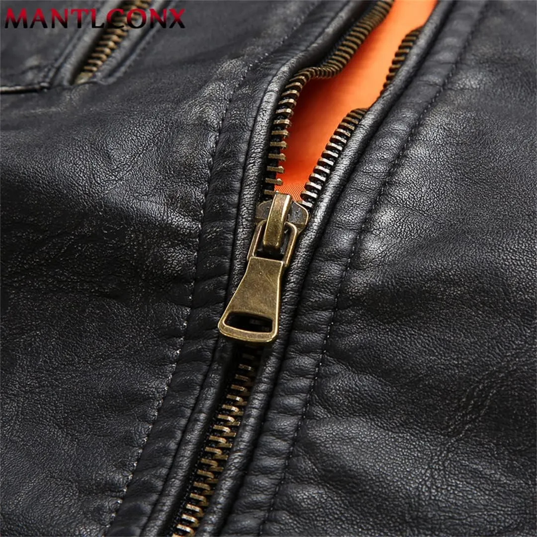 Mens Leather Motorcycle Leather Jackets Coats Stand Collar Multi-Pocket PU Leather Coat