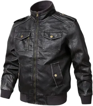 Mens Leather Motorcycle Leather Jackets Coats Stand Collar Multi-Pocket PU Leather Coat