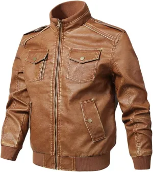 Mens Leather Motorcycle Leather Jackets Coats Stand Collar Multi-Pocket PU Leather Coat