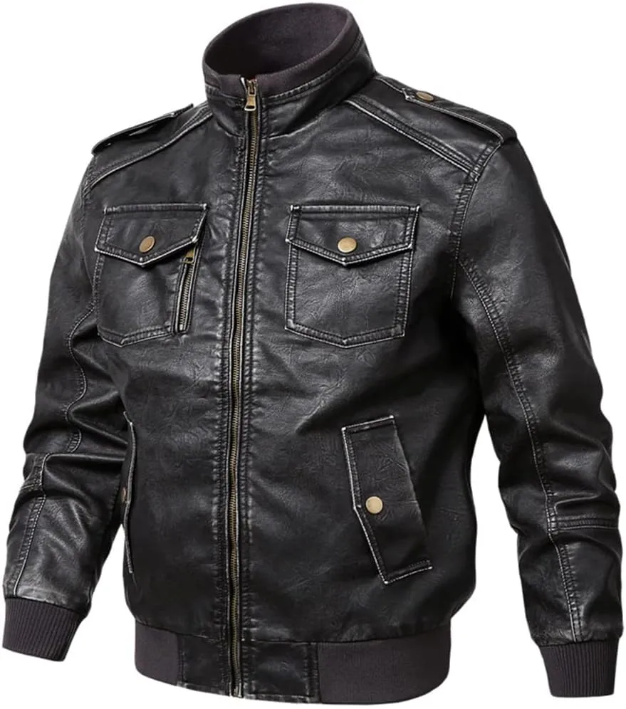 Mens Leather Motorcycle Leather Jackets Coats Stand Collar Multi-Pocket PU Leather Coat