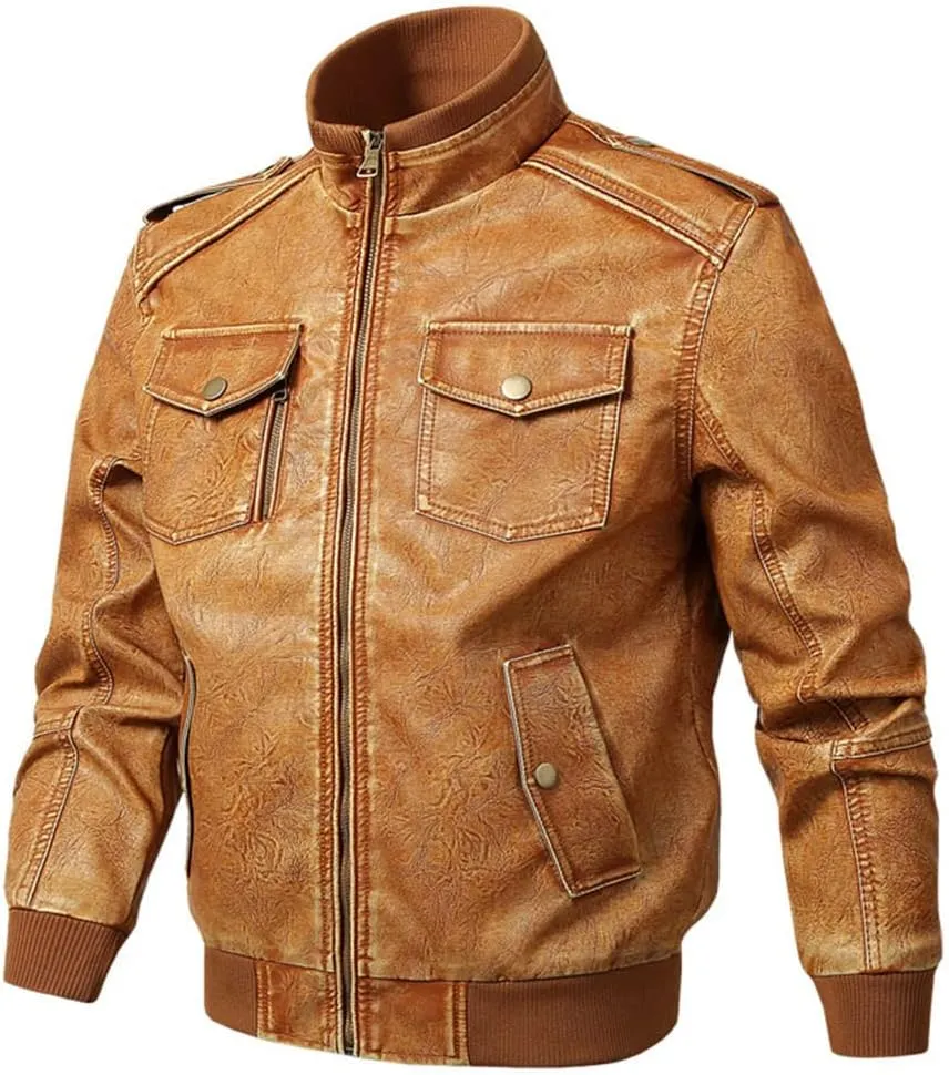 Mens Leather Motorcycle Leather Jackets Coats Stand Collar Multi-Pocket PU Leather Coat