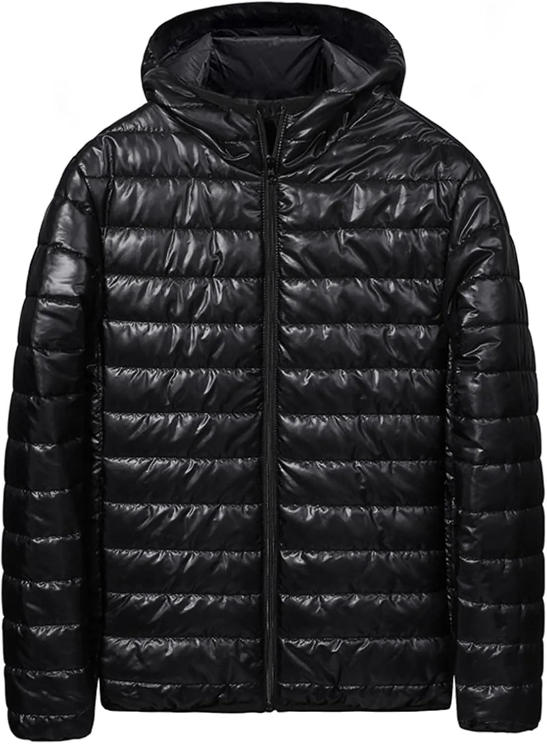 Mens Lightweight Down Jacket with Hood Shiny Packable Puffer Jacket Warm Insulated Padded Bubble Winter Coats Outwear