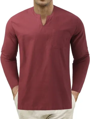 Mens Linen Shirts Long Sleeve Slim Fit V Neck Tshirts Summer Vacation Beach Tops Lightweight Breathable Clothes
