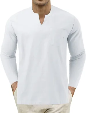 Mens Linen Shirts Long Sleeve Slim Fit V Neck Tshirts Summer Vacation Beach Tops Lightweight Breathable Clothes