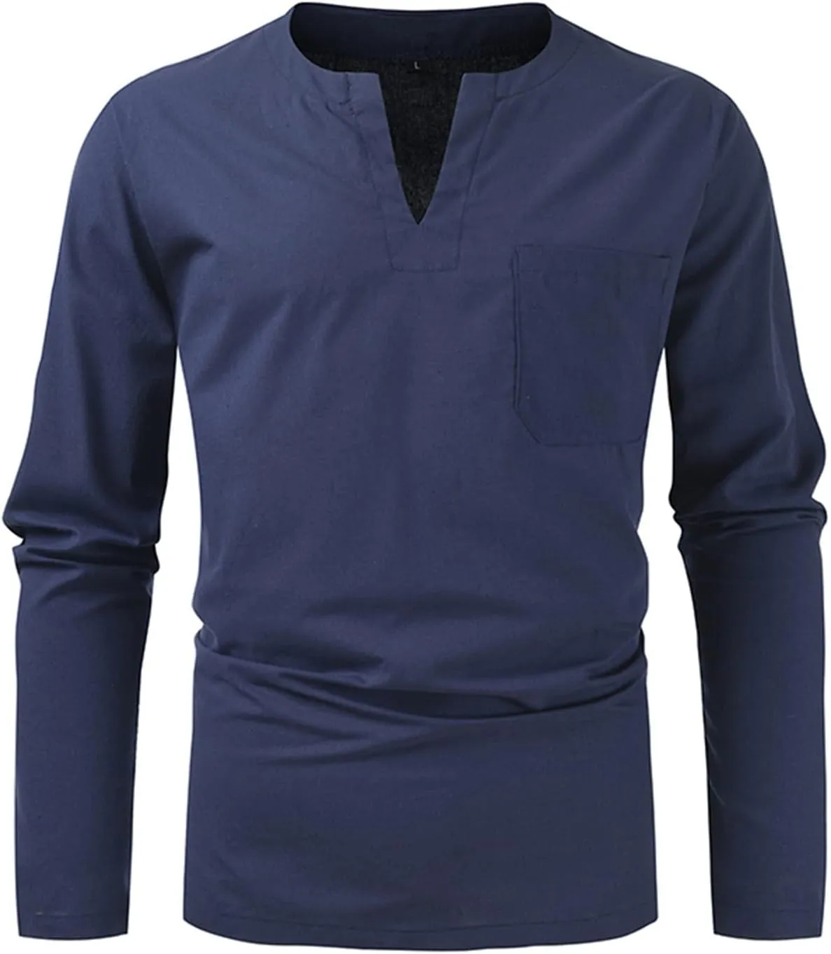 Mens Linen Shirts Long Sleeve Slim Fit V Neck Tshirts Summer Vacation Beach Tops Lightweight Breathable Clothes