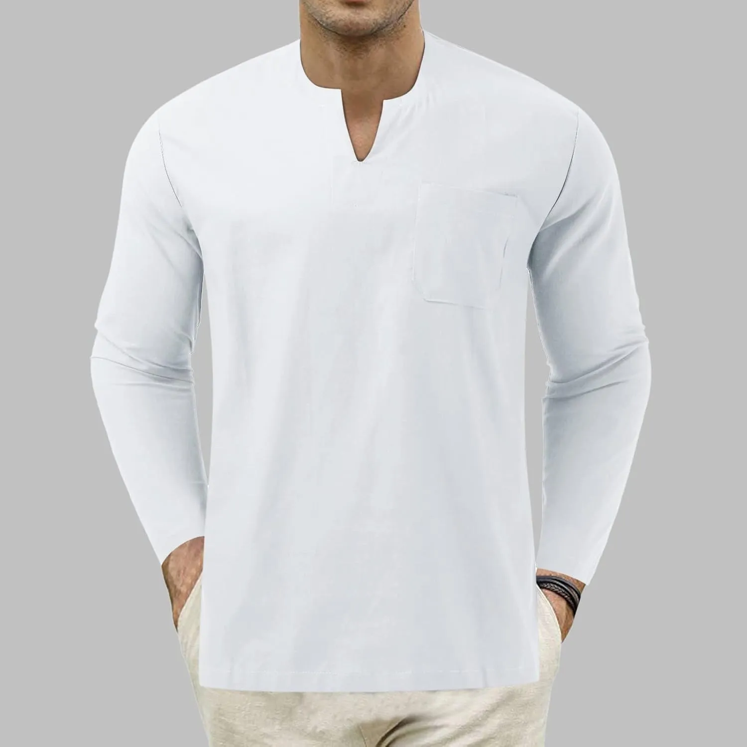 Mens Linen Shirts Long Sleeve Slim Fit V Neck Tshirts Summer Vacation Beach Tops Lightweight Breathable Clothes