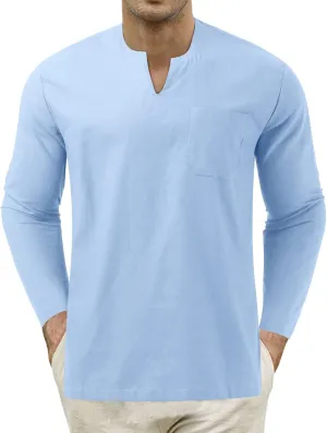 Mens Linen Shirts Long Sleeve Slim Fit V Neck Tshirts Summer Vacation Beach Tops Lightweight Breathable Clothes