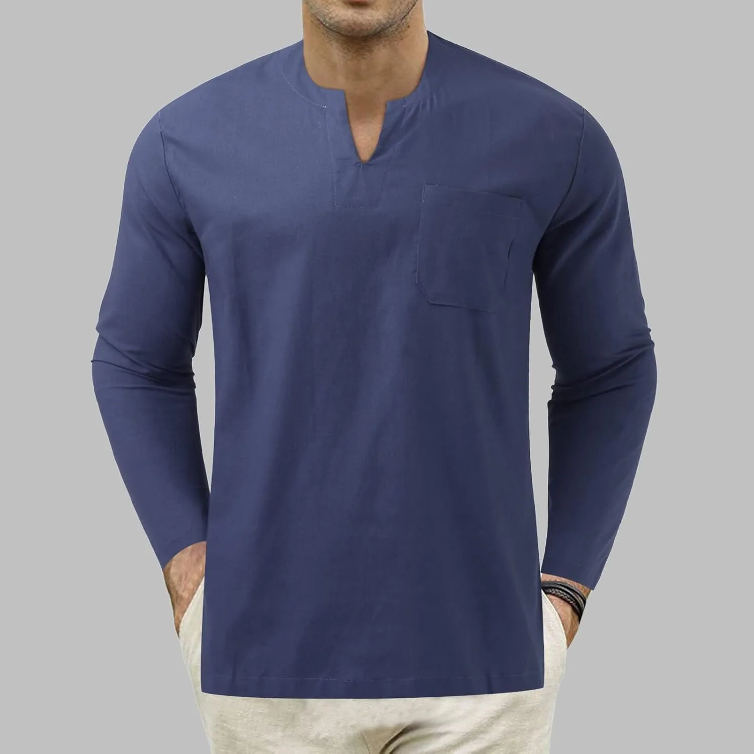 Mens Linen Shirts Long Sleeve Slim Fit V Neck Tshirts Summer Vacation Beach Tops Lightweight Breathable Clothes