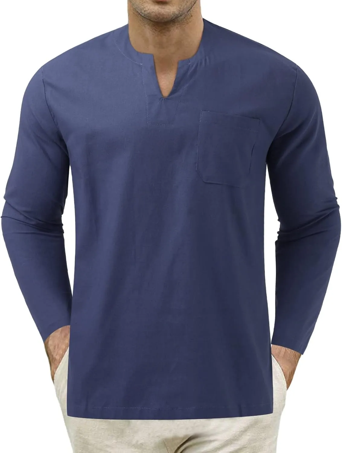Mens Linen Shirts Long Sleeve Slim Fit V Neck Tshirts Summer Vacation Beach Tops Lightweight Breathable Clothes
