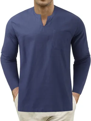 Mens Linen Shirts Long Sleeve Slim Fit V Neck Tshirts Summer Vacation Beach Tops Lightweight Breathable Clothes