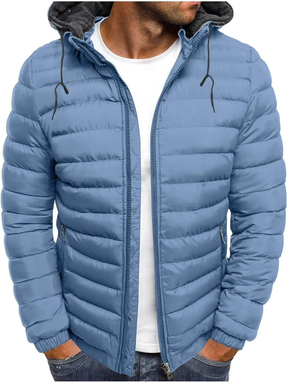 Men's Packable Puffer Jacket Waterproof Hooded Down Coats Quilted Warm Winter Jackets with Zipper Pockets