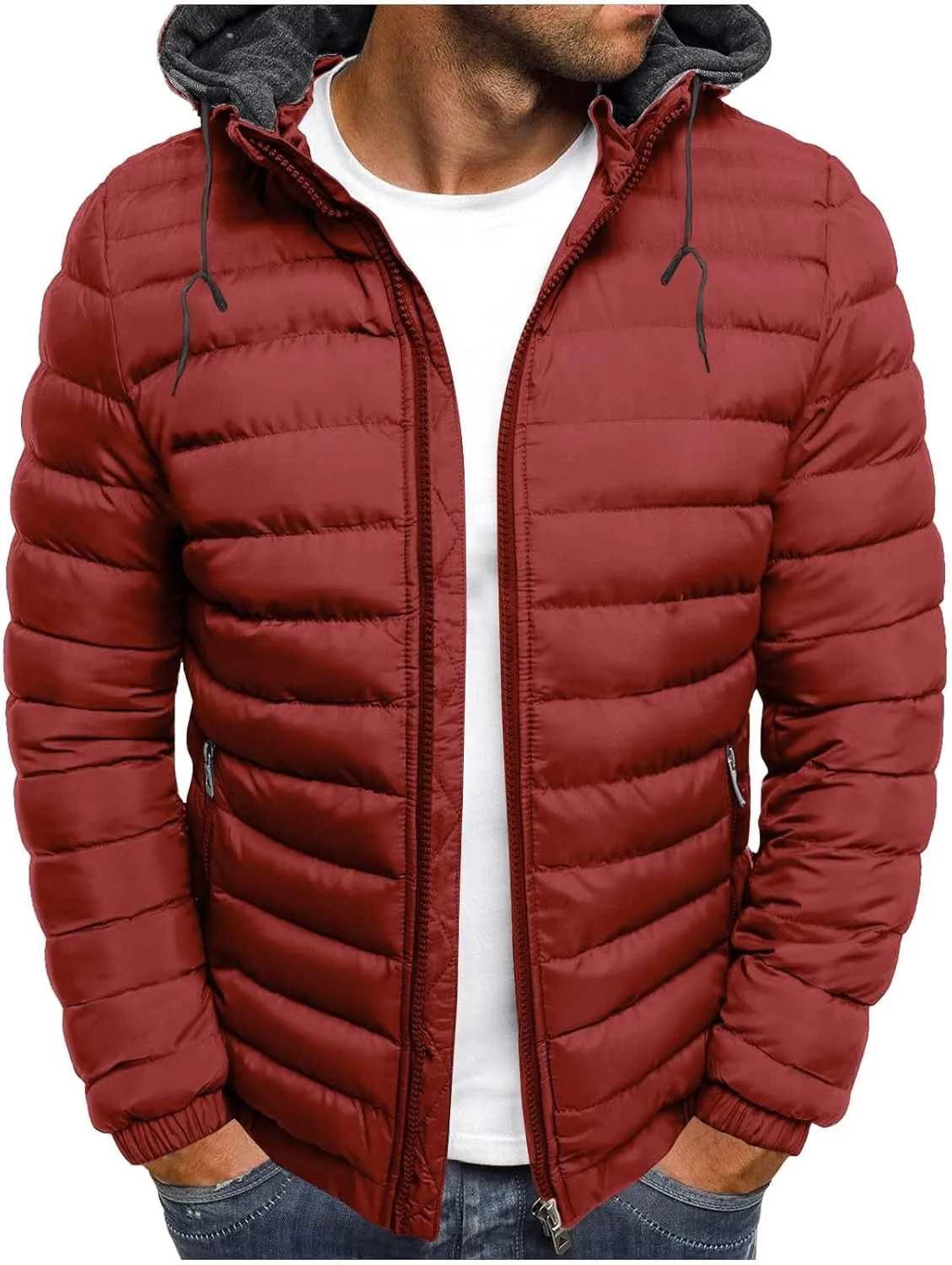 Men's Packable Puffer Jacket Waterproof Hooded Down Coats Quilted Warm Winter Jackets with Zipper Pockets