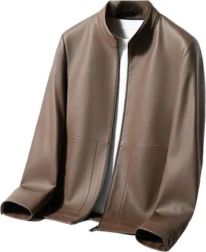 Men's Sheep Leather Jacket Business Stand Collar Leather Coat Motorcycle Leather Jacket