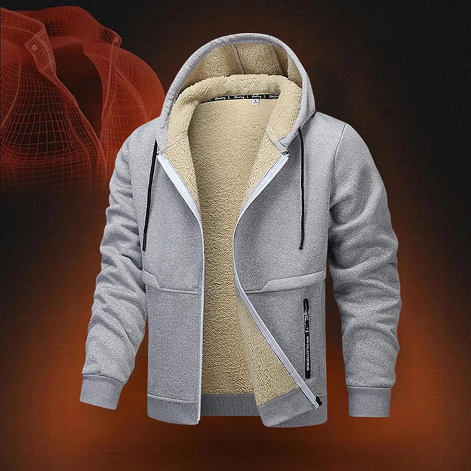 Men's Sherpa Hoodies Jacket Zip Up Fleece Lined Sweatshirt Winter Warm Jackets Hooded Casual Work Tops with Pocket