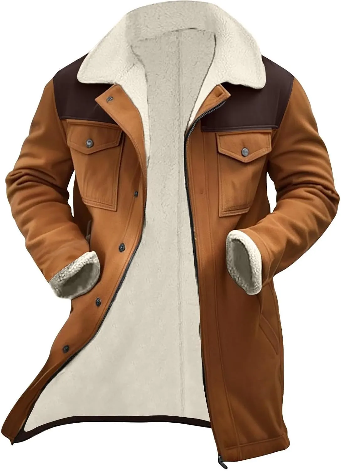 Men's Sherpa Lined Suede Jacket Winter Warm Trench Coat Lapel Button Down Windbreaker Overcoat with Pockets