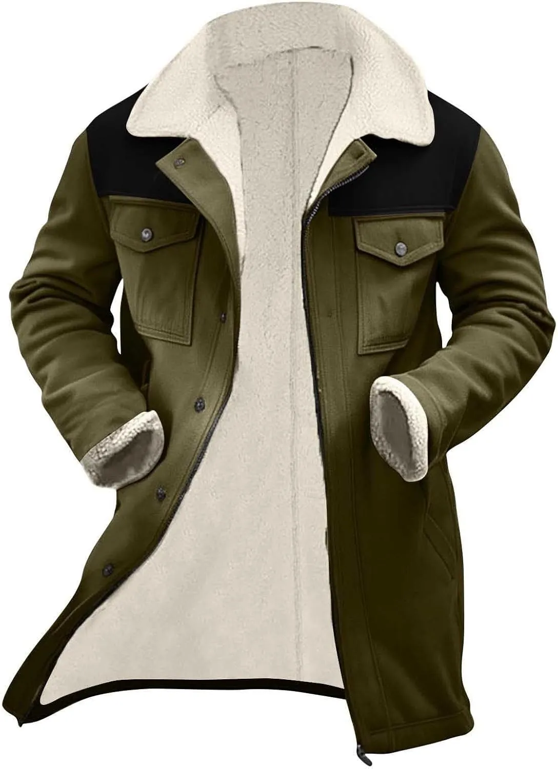 Men's Sherpa Lined Suede Jacket Winter Warm Trench Coat Lapel Button Down Windbreaker Overcoat with Pockets