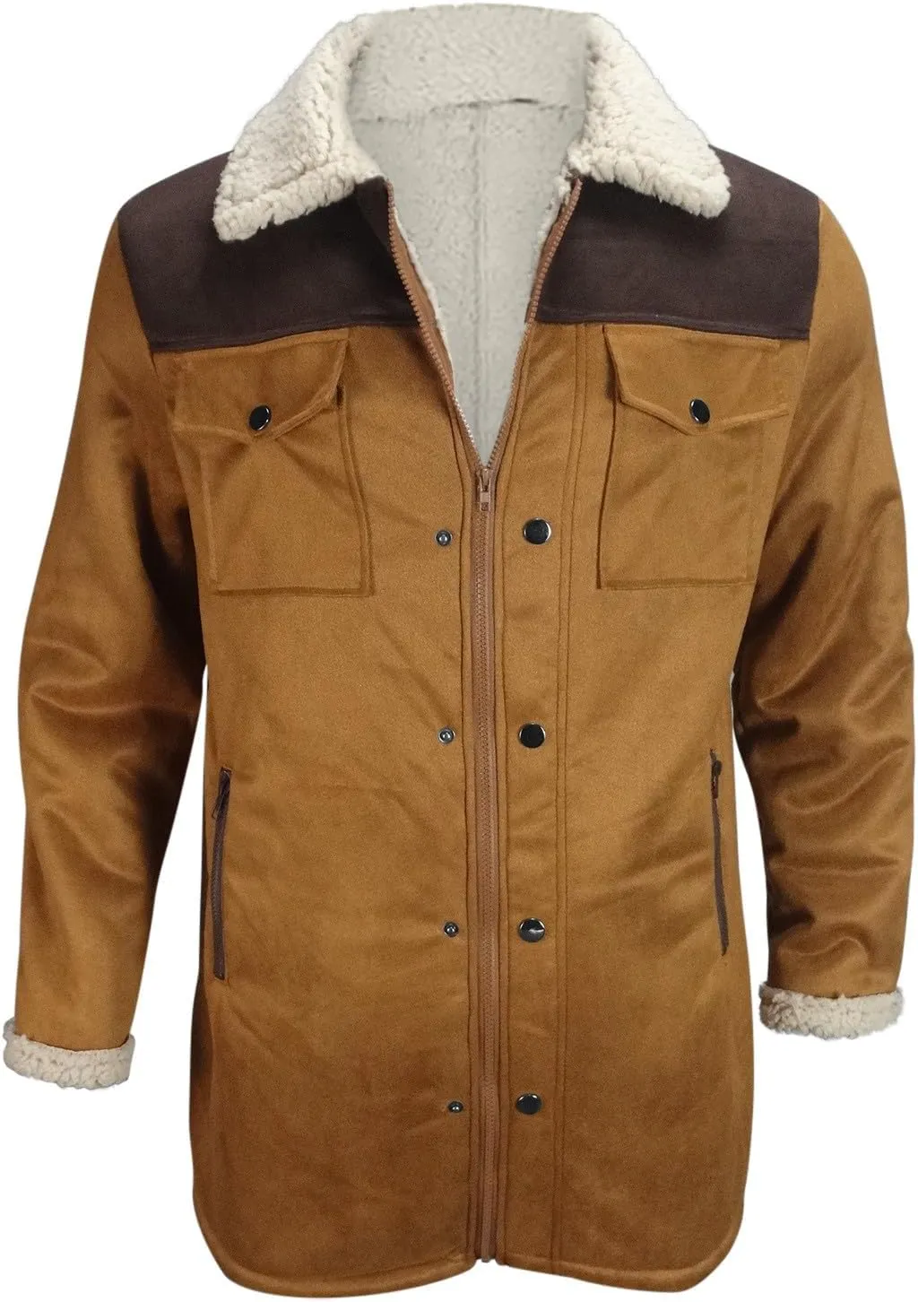 Men's Sherpa Lined Suede Jacket Winter Warm Trench Coat Lapel Button Down Windbreaker Overcoat with Pockets