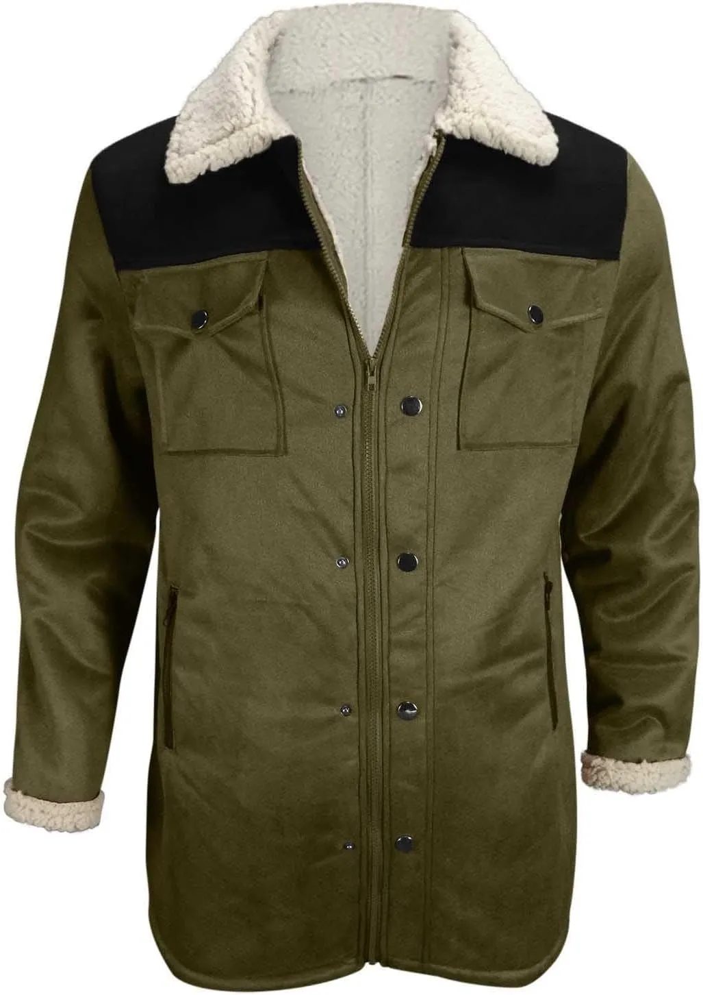 Men's Sherpa Lined Suede Jacket Winter Warm Trench Coat Lapel Button Down Windbreaker Overcoat with Pockets